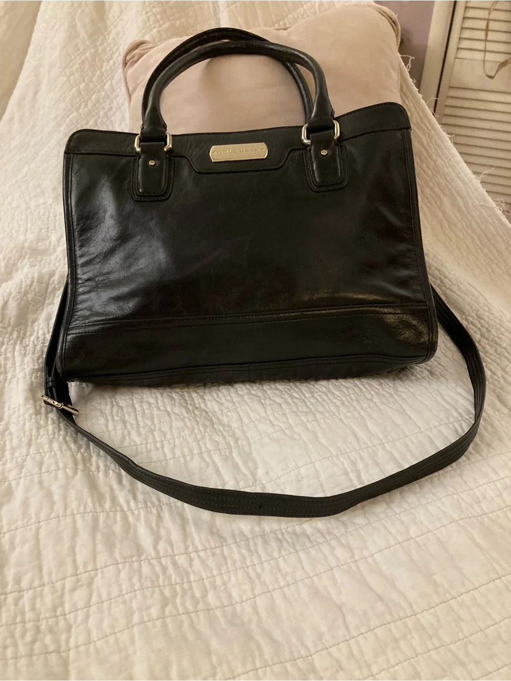 Cole Haan Black Leather Structured Briefcase with Gold Plate